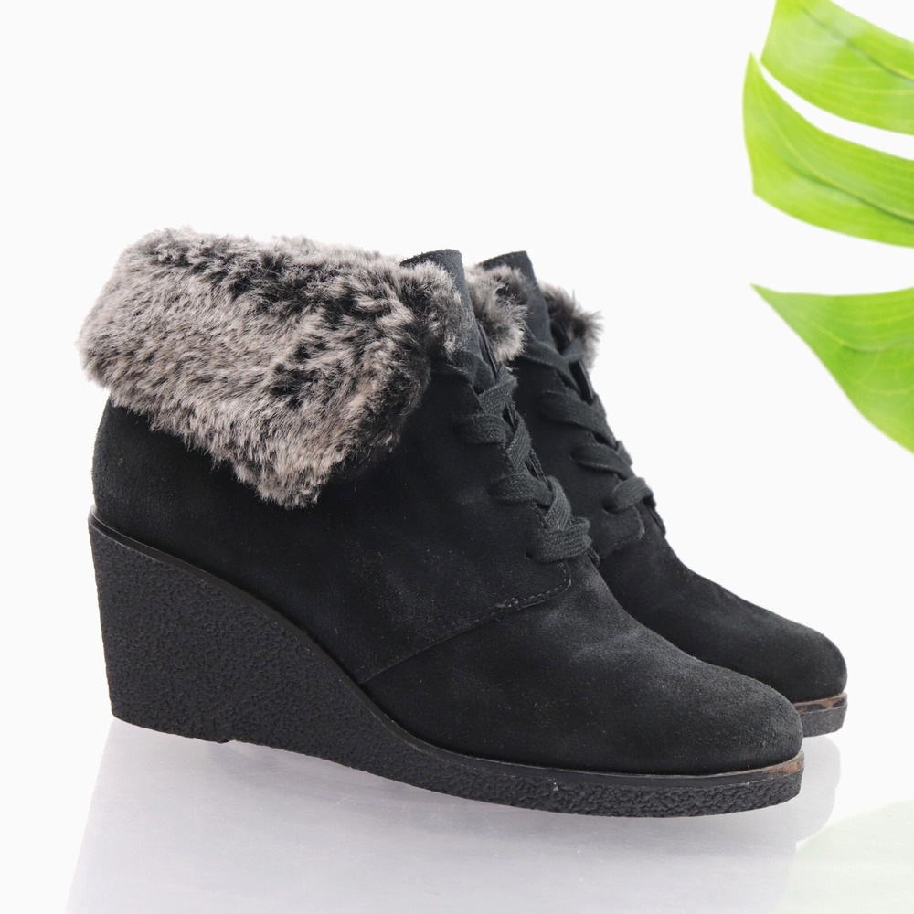 Cole Haan Womens Collary Boots Size 7 Black Suede Faux Fur Wedge Lace Up Booties